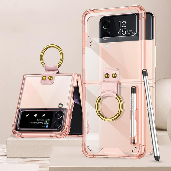 Samsung Galaxy Z Flip3 5G GKK Shockproof Airbag Phone Case with Ring Holder & Stylus Pen(Transparent Pink)