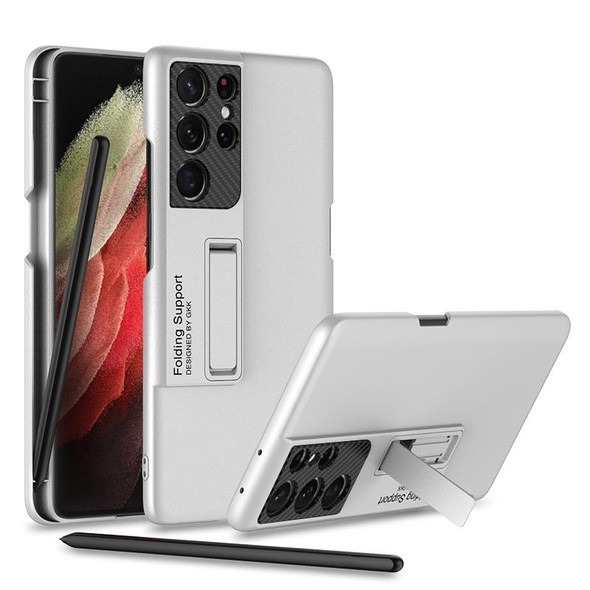 Samsung Galaxy S21 Ultra 5G GKK Ultra-thin Shockproof Phone Case with Holder & Pen Slots & Stylus Pen(Silver)