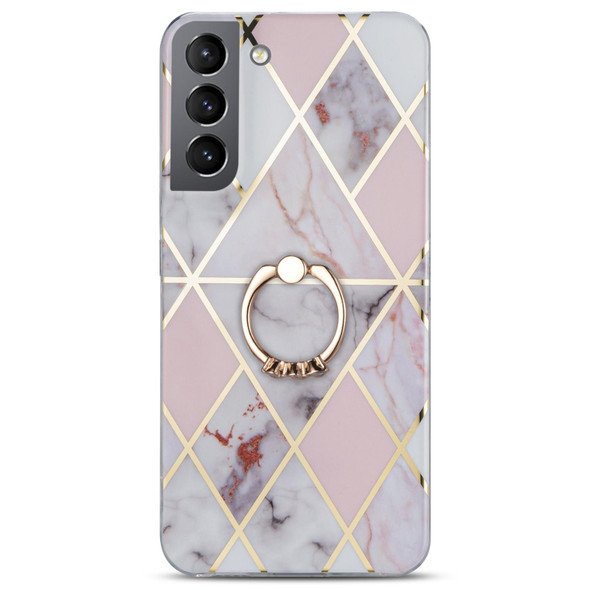 Samsung Galaxy S21+ 5G Electroplating IMD Marble TPU Phone Case with Ring(Light Pink Grey)