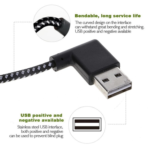 2m 2A USB to Micro USB Weave Style Double Elbow Data Sync Charging Cable, - Samsung / Huawei / Xiaomi / Meizu / LG / HTC (Black)