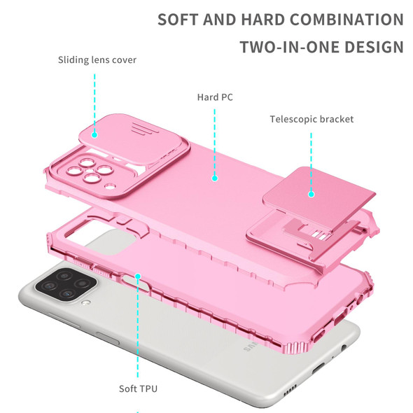 Samsung Galaxy A12 5G Stereoscopic Holder Sliding Camshield Phone Case(Pink)