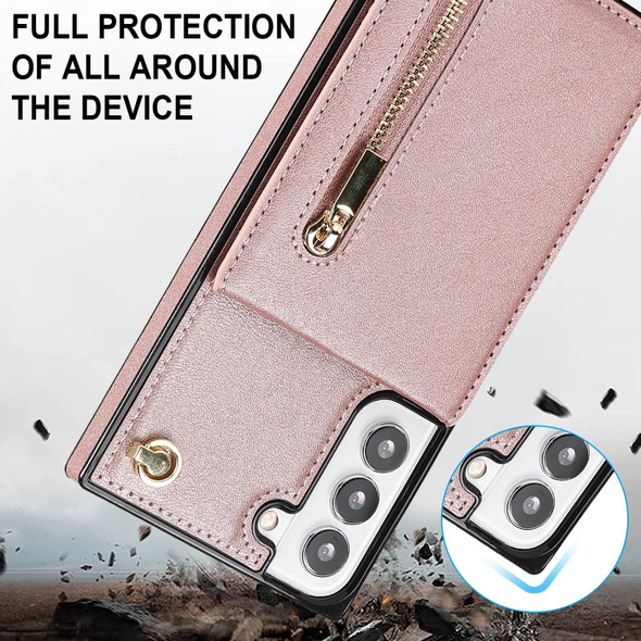 Samsung Galaxy S21 FE 5G Cross-body Square Zipper Card Holder Bag Phone Case(Rose Gold)