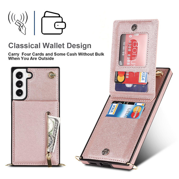 Samsung Galaxy S21 FE 5G Cross-body Square Zipper Card Holder Bag Phone Case(Rose Gold)