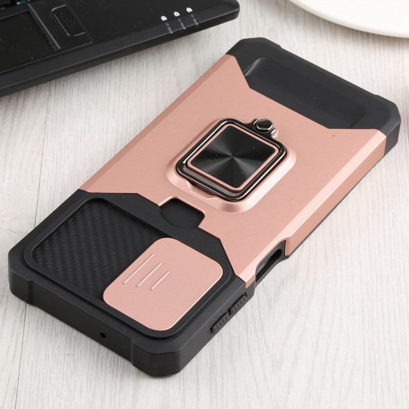 Samsung Galaxy A13 5G Sliding Camera Cover Design PC + TPU Shockproof Phone Case with Ring Holder & Card Slot(Rose Gold)