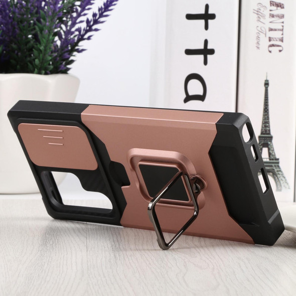 Samsung Galaxy S22 Ultra 5G Sliding Camera Cover Design PC + TPU Shockproof Phone Case with Ring Holder & Card Slot(Rose Gold)