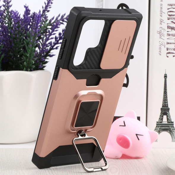 Samsung Galaxy S22 Ultra 5G Sliding Camera Cover Design PC + TPU Shockproof Phone Case with Ring Holder & Card Slot(Rose Gold)