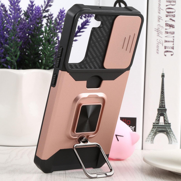 Samsung Galaxy S22+ 5G Sliding Camera Cover Design PC + TPU Shockproof Phone Case with Ring Holder & Card Slot(Rose Gold)