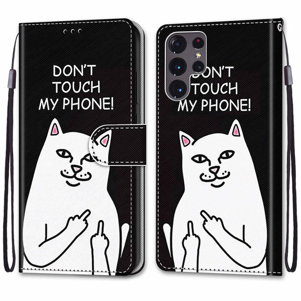 Samsung Galaxy S22 Ultra 5G Coloured Drawing Cross Texture Horizontal Flip PU Phone Leather Case with Holder & Card Slots & Wallet & Lanyard(Colorful Layer(Middle Finger White Cat)