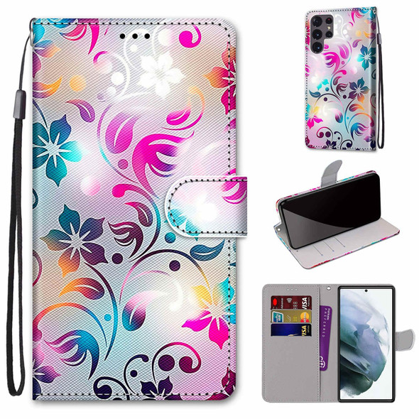 Samsung Galaxy S22 Ultra 5G Coloured Drawing Cross Texture Horizontal Flip PU Phone Leather Case with Holder & Card Slots & Wallet & Lanyard(Colorful Layer(Gradient Colorful Flower)