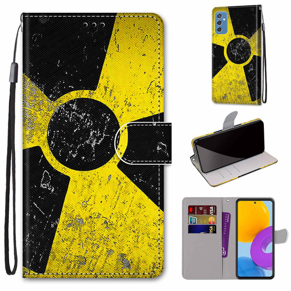 Samsung Galaxy M52 5G Coloured Drawing Cross Texture Horizontal Flip PU Phone Leather Case with Holder & Card Slots & Wallet & Lanyard(Colorful Layer(Yellow and Black Signs)