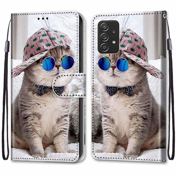 Samsung Galaxy A53 5G Coloured Drawing Cross Texture Horizontal Flip PU Phone Leather Case with Holder & Card Slots & Wallet & Lanyard(Colorful Layer(Oblique Hat Blue Mirror Cat)