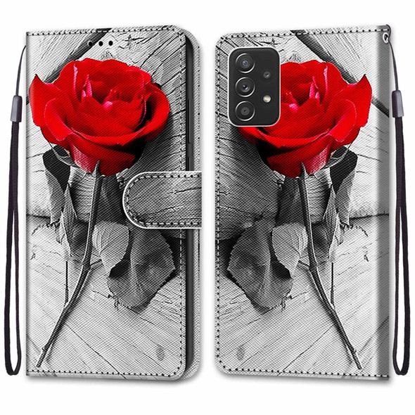 Samsung Galaxy A53 5G Coloured Drawing Cross Texture Horizontal Flip PU Phone Leather Case with Holder & Card Slots & Wallet & Lanyard(Colorful Layer(Red Rose On Wooden)