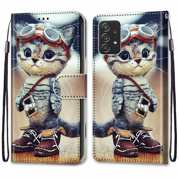 Samsung Galaxy A53 5G Coloured Drawing Cross Texture Horizontal Flip PU Phone Leather Case with Holder & Card Slots & Wallet & Lanyard(Colorful Layer(Leather Shoes Cat)