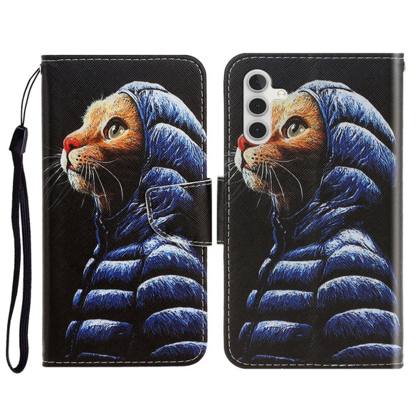 Samsung Galaxy A13 5G 3D Colored Drawing Horizontal Flip Leather Phone Case with Holder & Card Slots & Wallet(Down Jacket Cat)