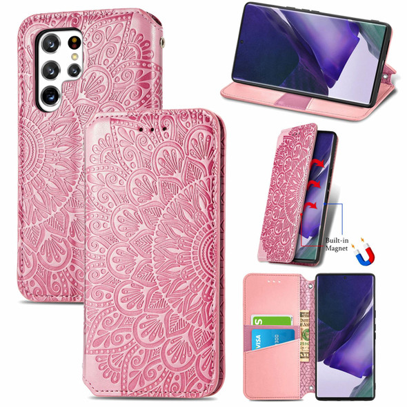 Samsung Galaxy S22 Ultra 5G Blooming Mandala Embossed Magnetic Horizontal Flip Leather Case with Holder & Card Slots & Wallet(Pink)