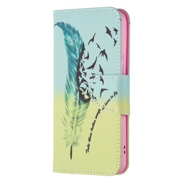 Samsung Galaxy S22 5G Colored Drawing Pattern Horizontal Flip Phone Leather Case with Holder & Card Slots & Wallet(Feather)