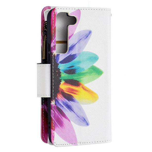 Samsung Galaxy S22 5G Colored Drawing Pattern Zipper Horizontal Flip Phone Leather Case with Holder & Card Slots & Wallet(Sun Flower)