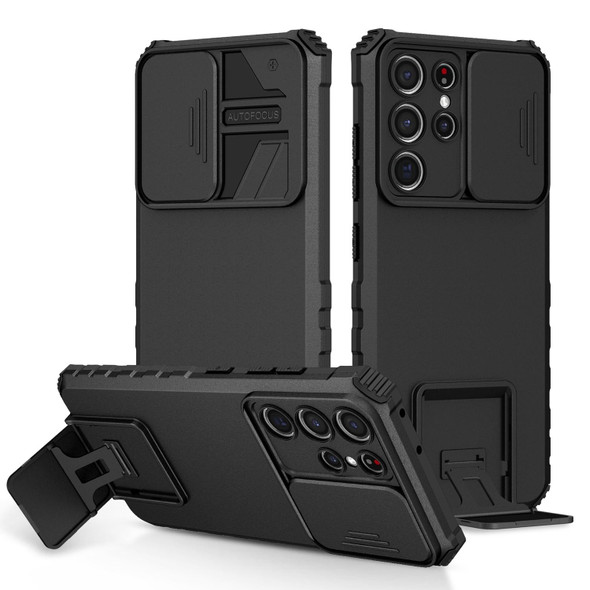 Samsung Galaxy S21 Ultra 5G Stereoscopic Holder Sliding Camshield Phone Case(Black)