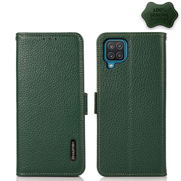 Samsung Galaxy M32 KHAZNEH Side-Magnetic Litchi Genuine Leather RFID Phone Case(Green)