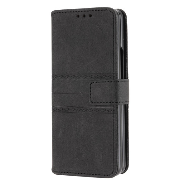 Samsung Galaxy Z Fold3 5G Embossed Striped Magnetic Buckle PU + TPU Horizontal Flip Phone Leather Case(Black)