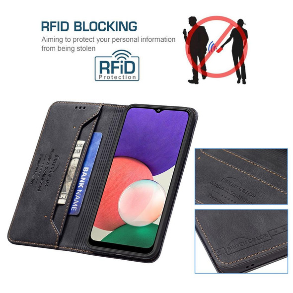 Samsung Galaxy A22 5G Magnetic RFID Blocking Anti-Theft Leather Case with Holder & Card Slots & Wallet(Black)