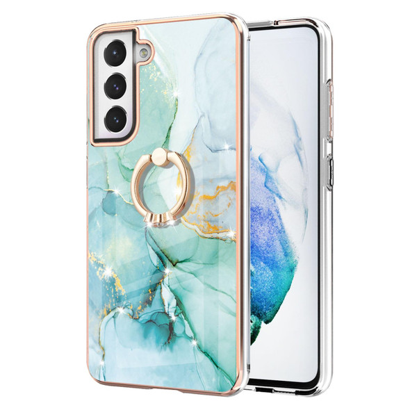 Samsung Galaxy S21 FE 5G Electroplating Marble Pattern IMD TPU Shockproof Case with Ring Holder(Green 003)