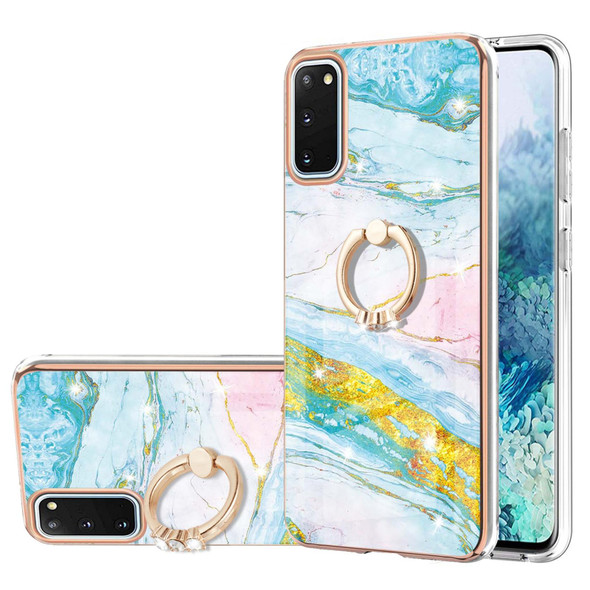 Samsung Galaxy S20 Electroplating Marble Pattern IMD TPU Shockproof Case with Ring Holder(Green 004)