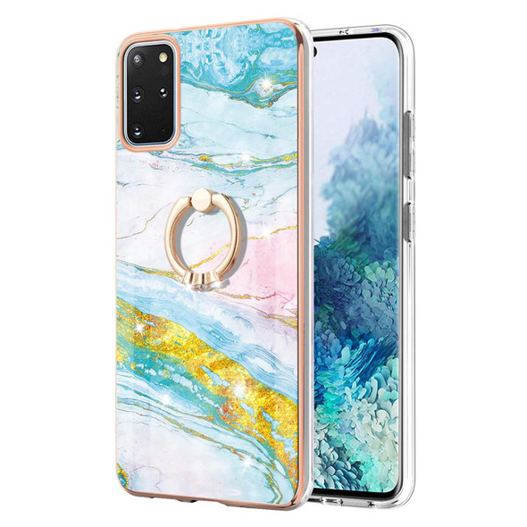 Samsung Galaxy S20+ Electroplating Marble Pattern IMD TPU Shockproof Case with Ring Holder(Green 004)