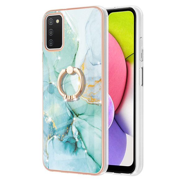Samsung Galaxy A03s 166mm Electroplating Marble Pattern IMD TPU Shockproof Case with Ring Holder(Green 003)
