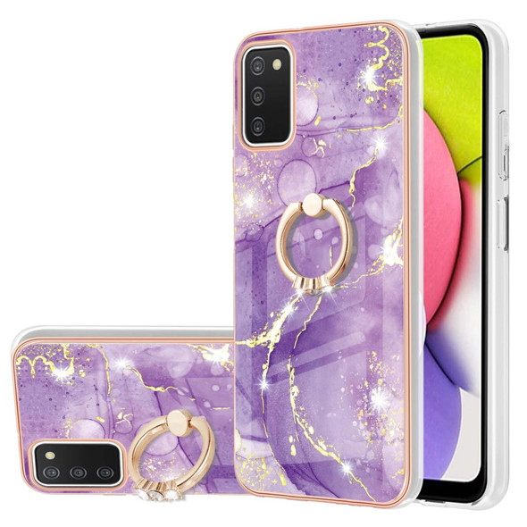 Samsung Galaxy A03s 166mm Electroplating Marble Pattern IMD TPU Shockproof Case with Ring Holder(Purple 002)