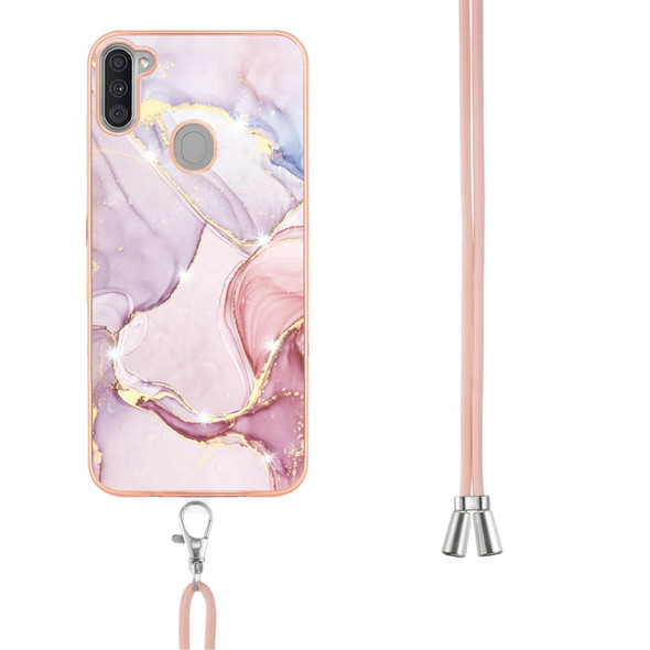 Samsung Galaxy A11 / M11 Electroplating Marble Pattern IMD TPU Shockproof Case with Neck Lanyard(Rose Gold 005)