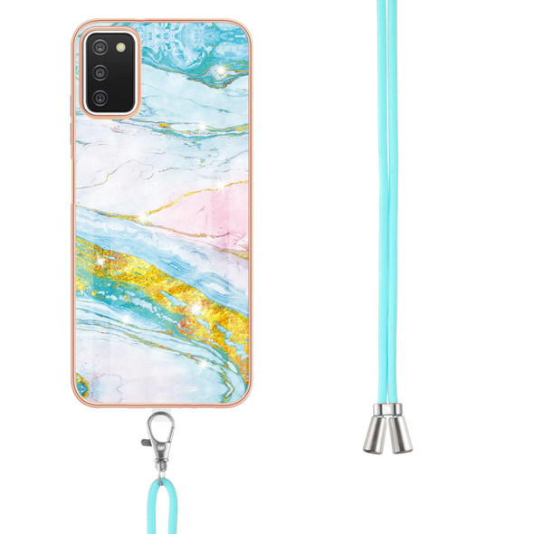 Samsung Galaxy A03s 166mm Electroplating Marble Pattern IMD TPU Shockproof Case with Neck Lanyard(Green 004)