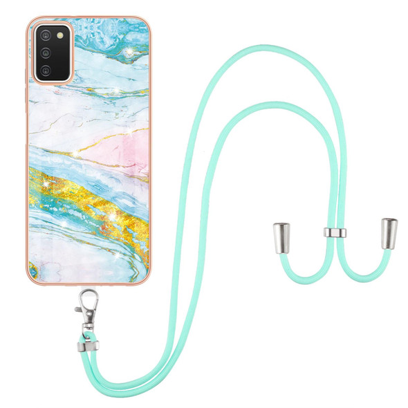 Samsung Galaxy A03s 166mm Electroplating Marble Pattern IMD TPU Shockproof Case with Neck Lanyard(Green 004)