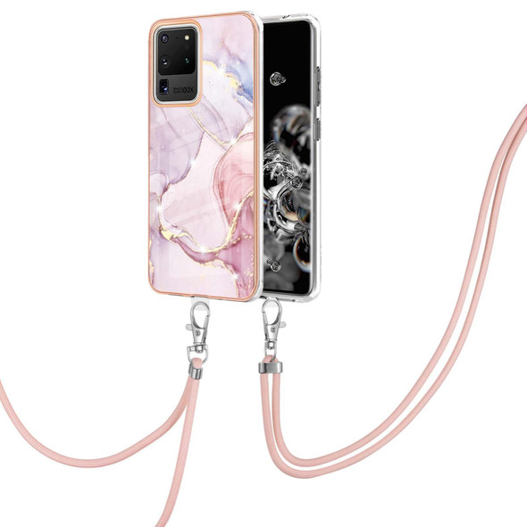 Samsung Galaxy S20 Ultra Electroplating Marble Pattern IMD TPU Shockproof Case with Neck Lanyard(Rose Gold 005)