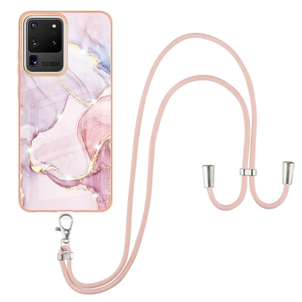 Samsung Galaxy S20 Ultra Electroplating Marble Pattern IMD TPU Shockproof Case with Neck Lanyard(Rose Gold 005)
