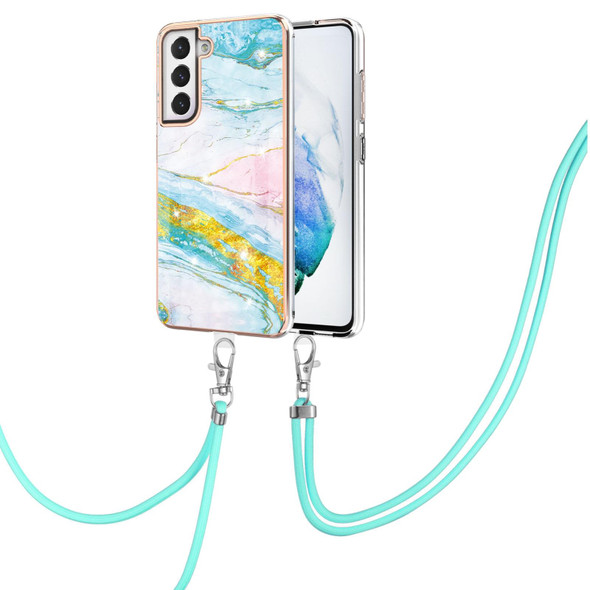 Samsung Galaxy S21 FE 5G Electroplating Marble Pattern IMD TPU Shockproof Case with Neck Lanyard(Green 004)