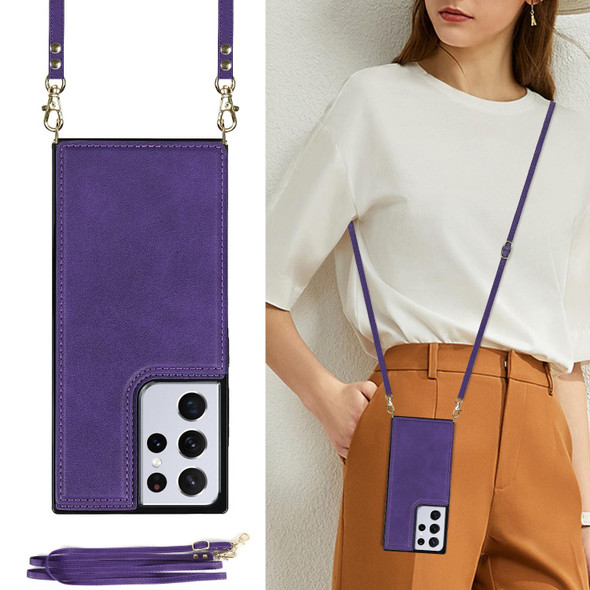 Samsung Galaxy S21 Ultra 5G Cross-body Square Double Buckle Flip Card Bag TPU+PU Case with Card Slots & Wallet & Photo & Strap(Purple)