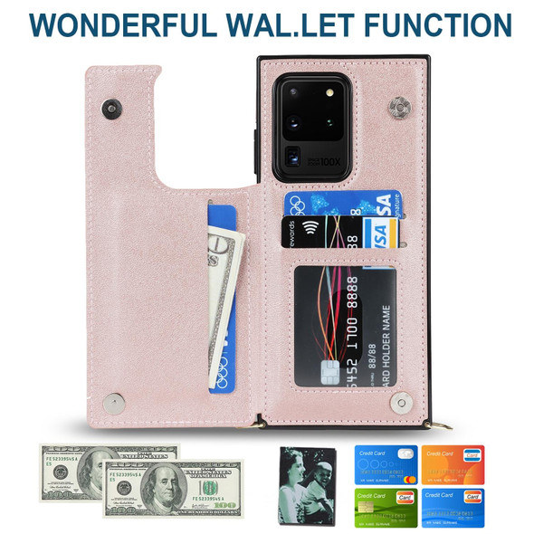 Samsung Galaxy S20 Ultra Cross-body Square Double Buckle Flip Card Bag TPU+PU Case with Card Slots & Wallet & Photo & Strap(Rose Gold)