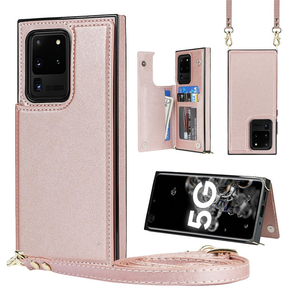 Samsung Galaxy S20 Ultra Cross-body Square Double Buckle Flip Card Bag TPU+PU Case with Card Slots & Wallet & Photo & Strap(Rose Gold)