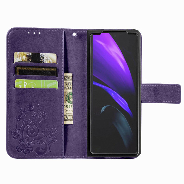 Samsung Galaxy Z Fold3 5G Four-leaf Clasp Embossed Buckle Mobile Phone Protection Leather Case with Lanyard & Card Slot & Wallet & Bracket Function(Purple)