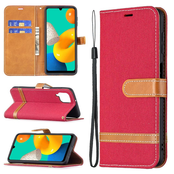 Samsung Galaxy M32 Color Matching Denim Texture Horizontal Flip Leather Case with Holder & Card Slots & Wallet & Lanyard(Red)