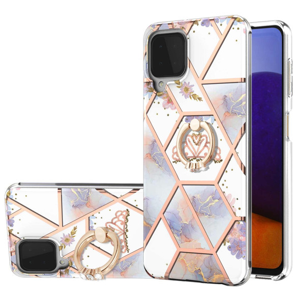 Samsung Galaxy A22 4G EU Version Electroplating Splicing Marble Flower Pattern TPU Shockproof Case with Rhinestone Ring Holder(Imperial Crown)
