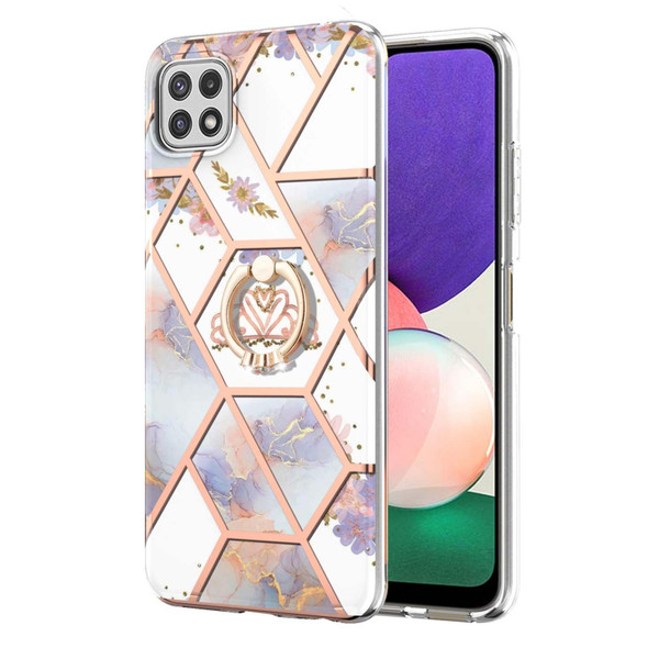 Samsung Galaxy A22 5G US Version Electroplating Splicing Marble Flower Pattern TPU Shockproof Case with Rhinestone Ring Holder(Imperial Crown)