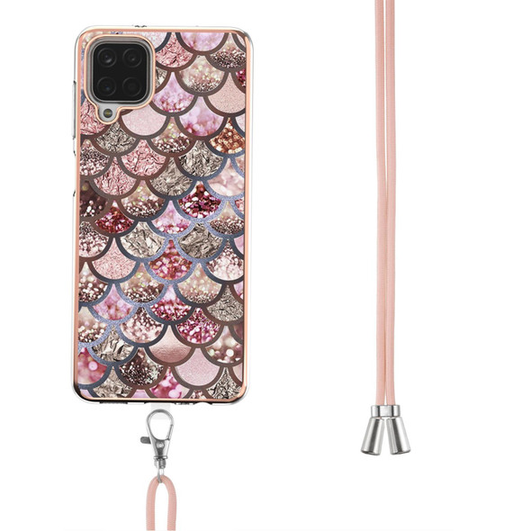 Samsung Galaxy A12/M12/F12 Electroplating Pattern IMD TPU Shockproof Case with Neck Lanyard(Pink Scales)