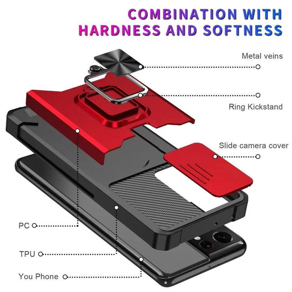 Samsung Galaxy S21 Ultra 5G Sliding Camera Cover Design PC + TPU Shockproof Case with Ring Holder & Card Slot(Black)