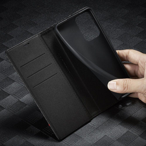 LC.IMEEKE Carbon Fiber PU + TPU Horizontal Flip Leather Case with Holder & Card Slot & Wallet - Samsung Galaxy A52 5G / 4G(Vertical Black)