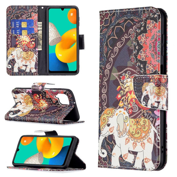 Samsung Galaxy M32 Colored Drawing Horizontal Flip Leather Case with Holder & Card Slots & Wallet(Flower Elephant)