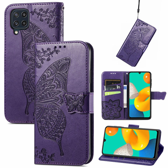 Samsung Galaxy M32 Butterfly Love Flowers Embossed Horizontal Flip Leather Case with Holder & Card Slots & Wallet & Lanyard(Dark Purple)