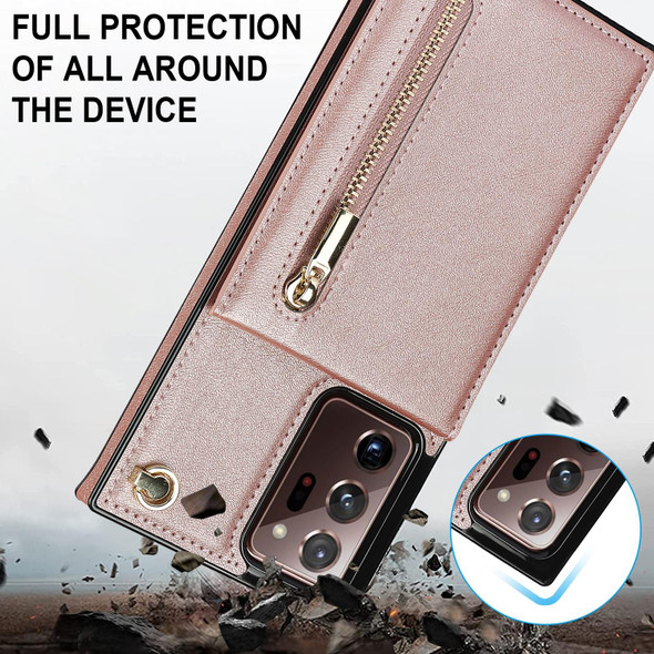 Samsung Galaxy Note20 Ultra Cross-body Zipper Square TPU+PU Back Cover Case with Holder & Card Slots & Wallet & Strap(Rose Gold)