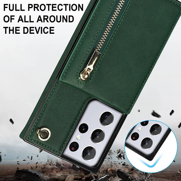Samsung Galaxy S21 Ultra 5G Cross-body Zipper Square TPU+PU Back Cover Case with Holder & Card Slots & Wallet & Strap(Green)